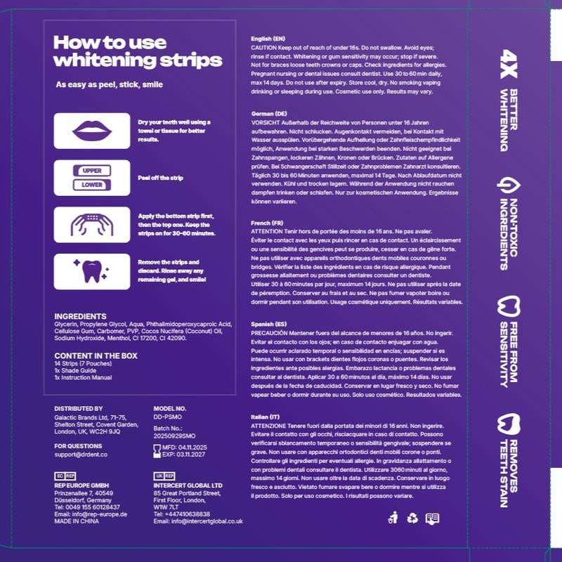 DRDENT Purple Teeth Whitening Strips - 7/21 Whitening Sessions - Safe for Enamel - Non Sensitive Teeth Whitening - Peroxide-Free